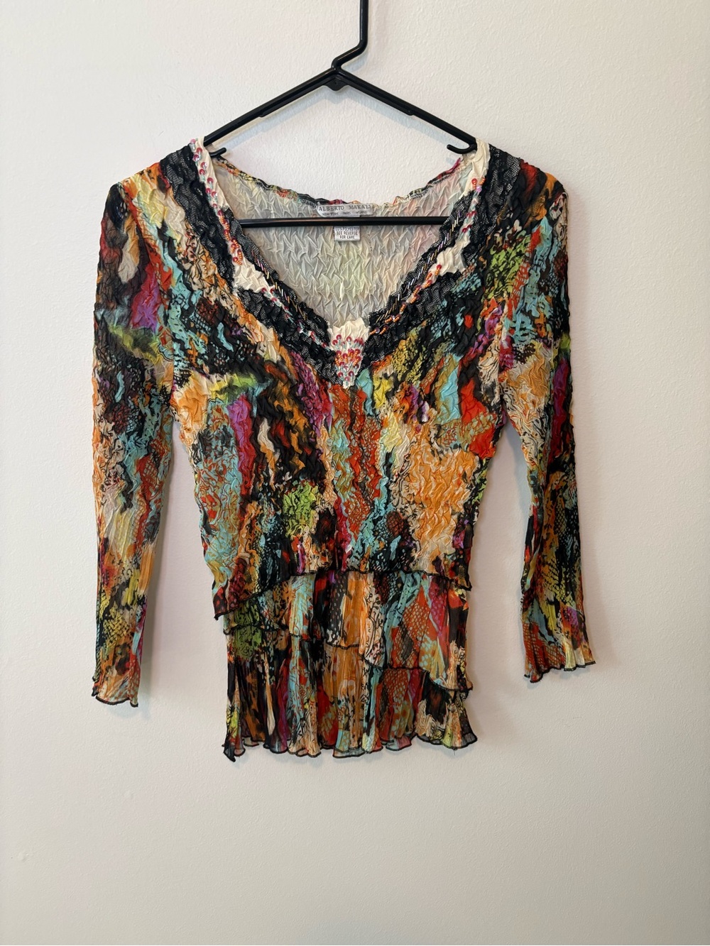 Vintage Alberto Makali Multicolor Y2K Crinkle Ruffle Blouse Beaded Sequin Small
